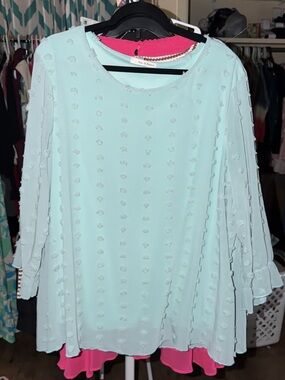 Now & Forever Light Blue Textured Swiss Dot Women’s Blouse w/ Sheer Sleeves